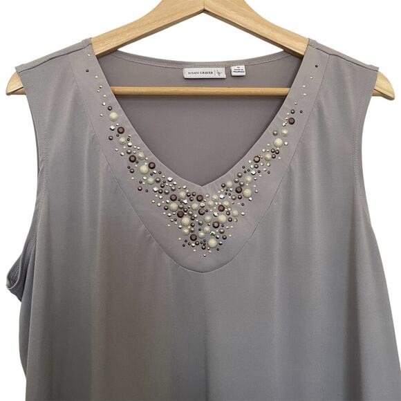 Susan Graver Top 1X Gray Sleeveless Jeweled Neckline Sequin Mature Artsy - Picture 5 of 6